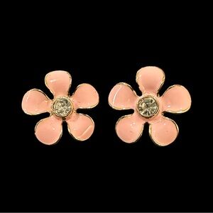 NRQ Avon Enamel Stud Earrings Pink Flower Rhinestone Center